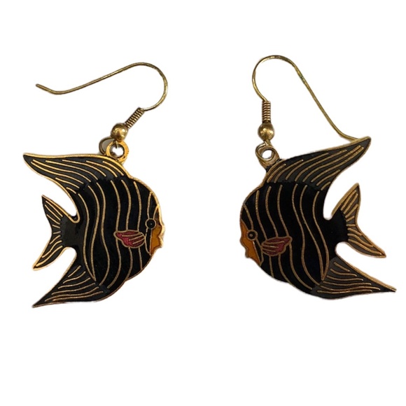 Source Unknown Jewelry - Vintage Black Angel Fish Cloisonné Dangle Wire Hook Earrings